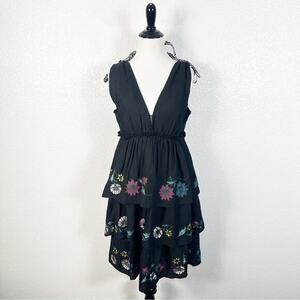 Red Carter Anthropologie Women Nerano‎ Tiered Embroidered Boho Dress Black S